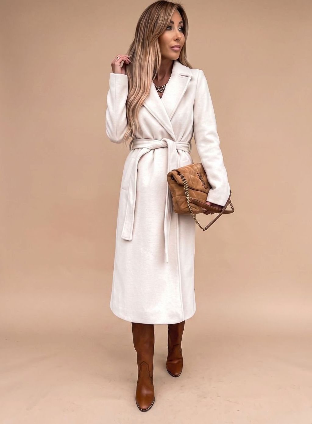 Trenchcoat Damen Eleganter Langer Mantel mit Bindegürtel Reverskragen - Weiß