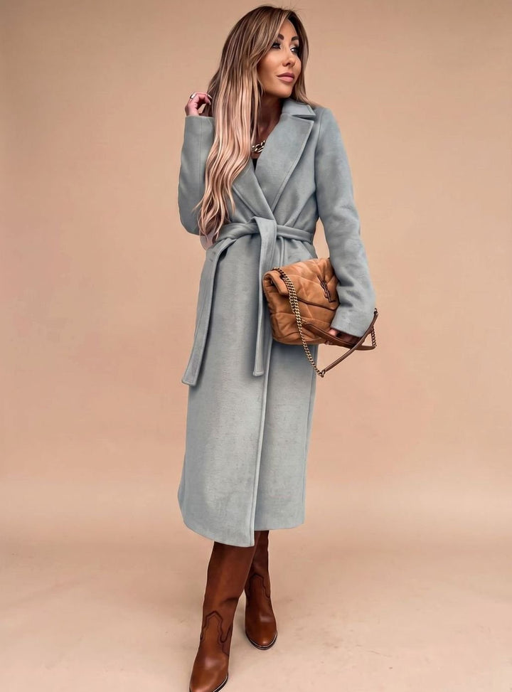 Trenchcoat Damen Eleganter Langer Mantel mit Bindegürtel Reverskragen - Himmelblau