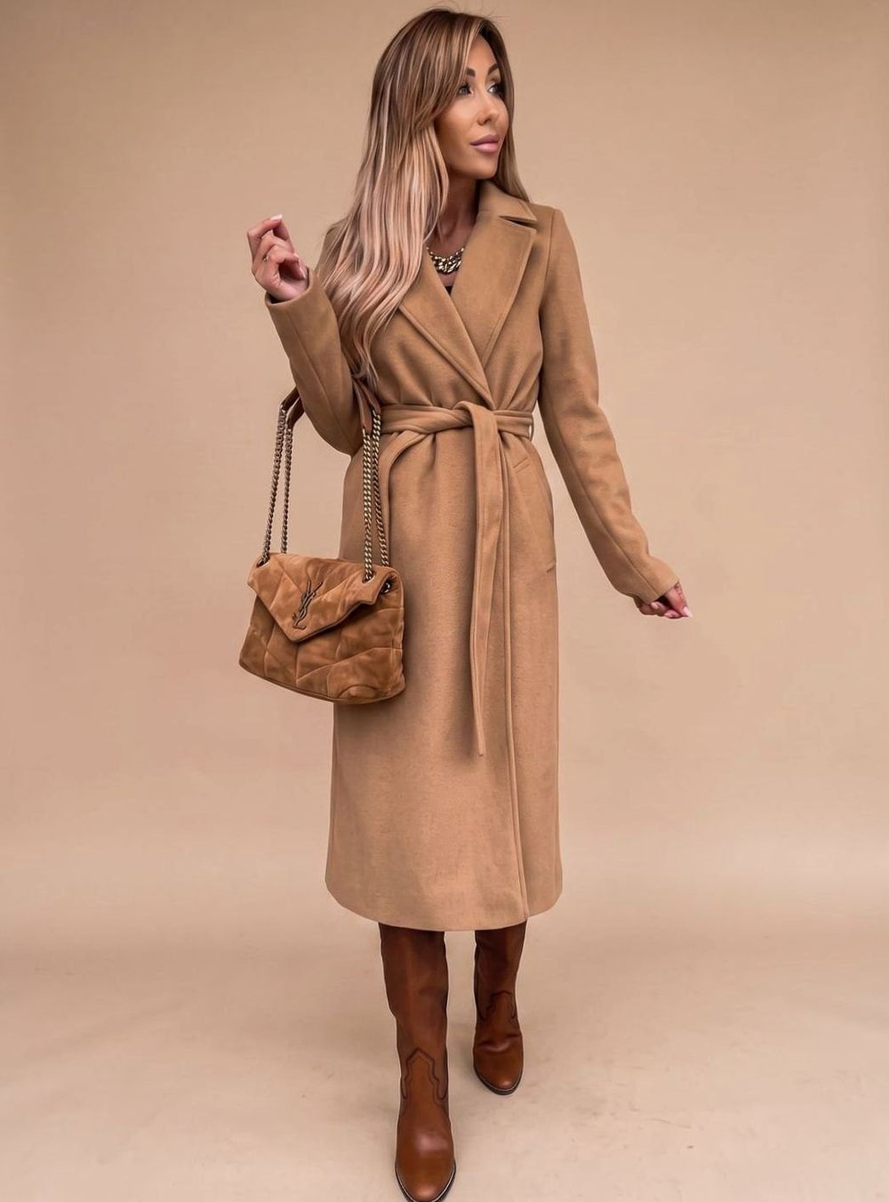 Trenchcoat Damen Eleganter Langer Mantel mit Bindegürtel Reverskragen