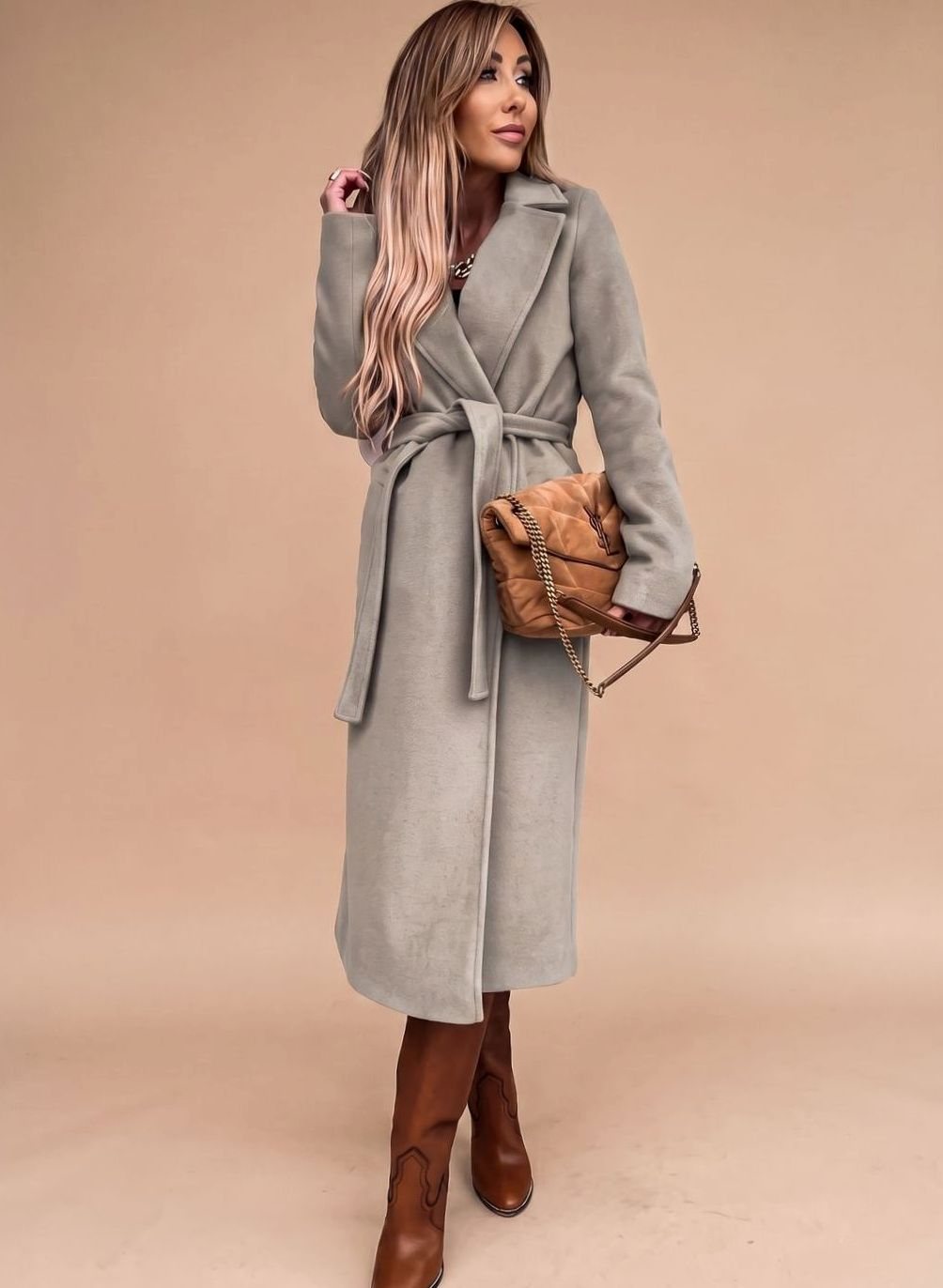 Trenchcoat Damen Eleganter Langer Mantel mit Bindegürtel Reverskragen - Hellgrau