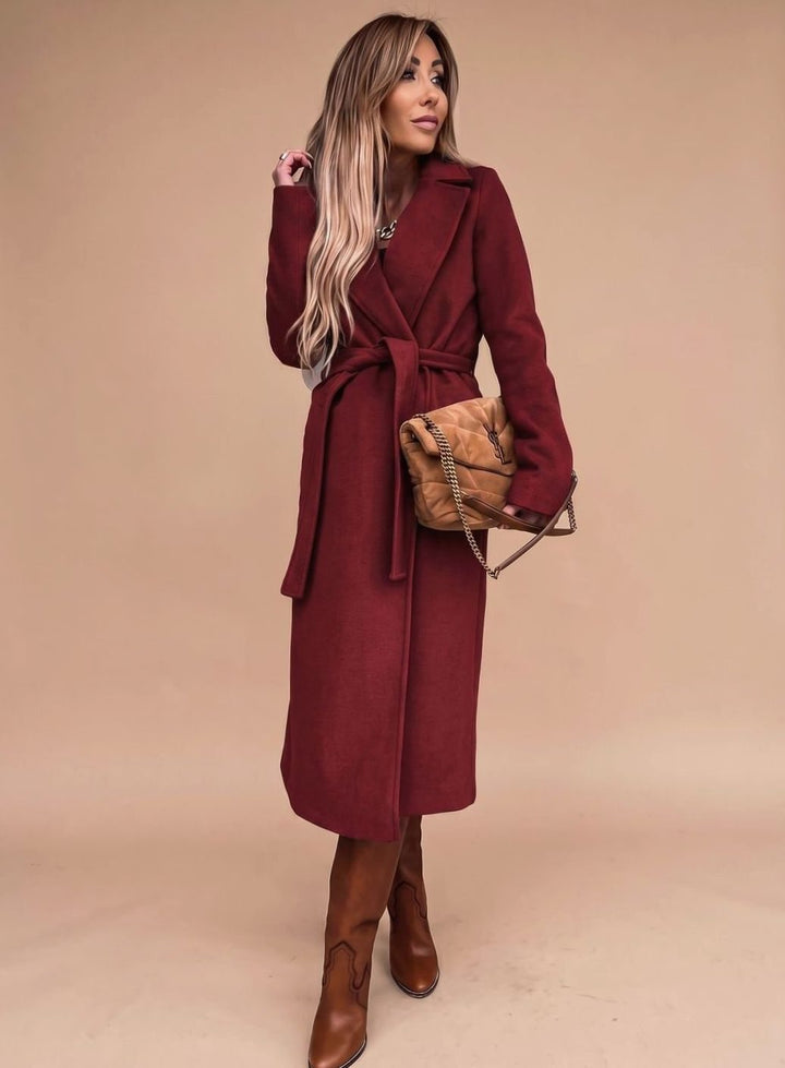 Trenchcoat Damen Eleganter Langer Mantel mit Bindegürtel Reverskragen - Rot