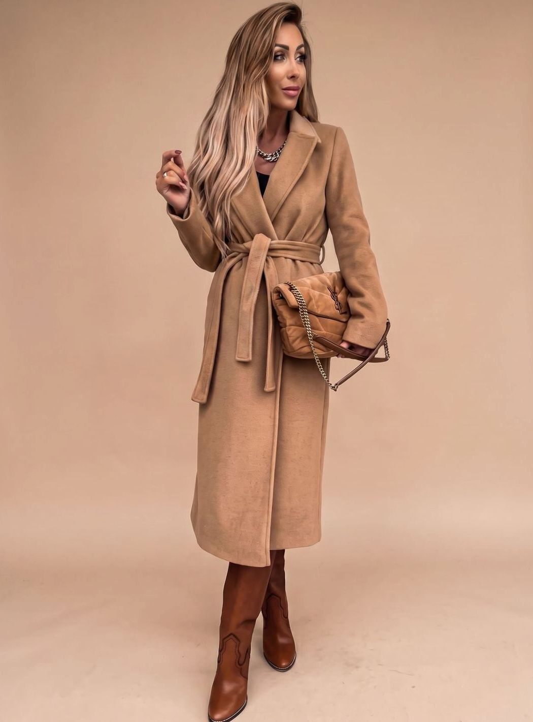 Trenchcoat Damen Eleganter Langer Mantel mit Bindegürtel Reverskragen - Aprikose