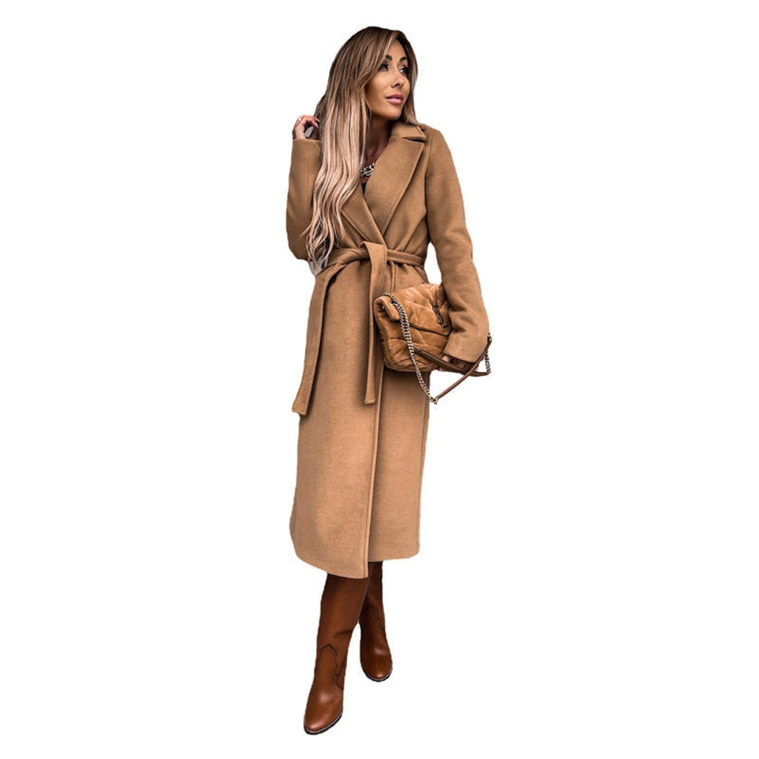 Trenchcoat Damen Eleganter Langer Wollmantel mit Bindegürtel - Khaki
