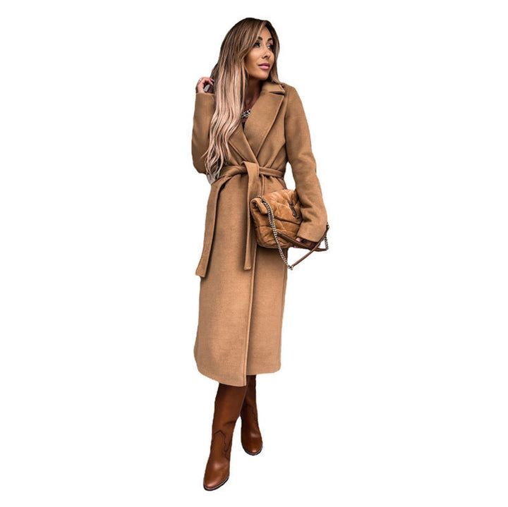 Trenchcoat Damen Eleganter Langer Wollmantel mit Bindegürtel - Khaki