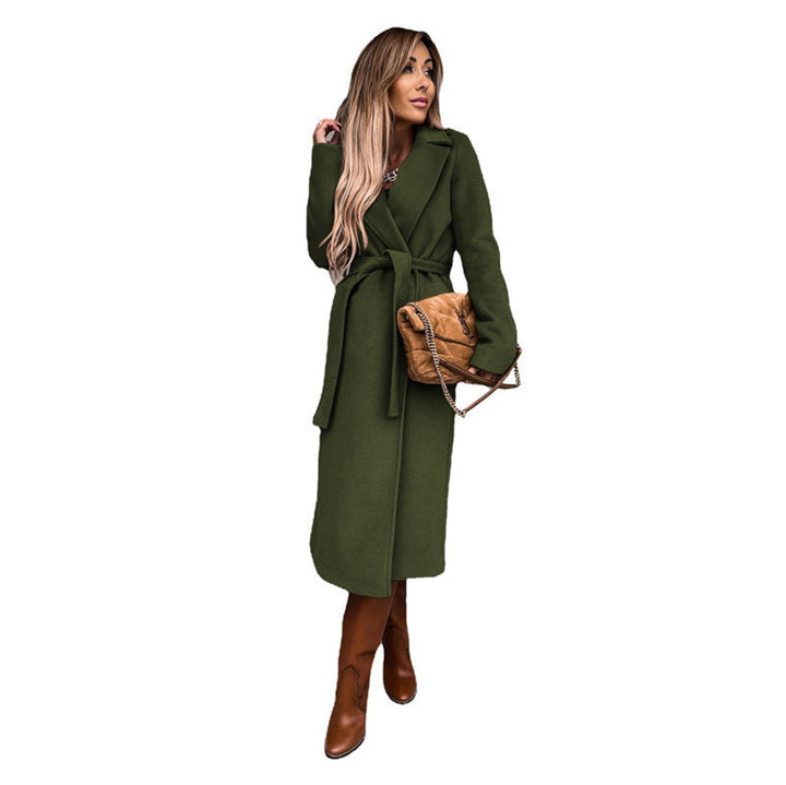 Trenchcoat Damen Eleganter Langer Wollmantel mit Bindegürtel - Olivgrün