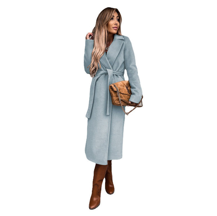 Trenchcoat Damen Eleganter Langer Wollmantel mit Bindegürtel - Himmelblau