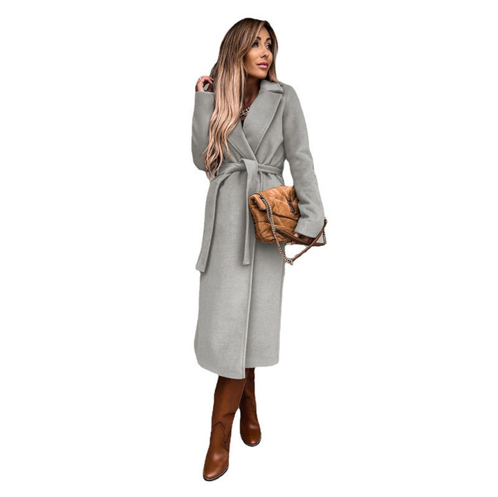 Trenchcoat Damen Eleganter Langer Wollmantel mit Bindegürtel - Hellgrau