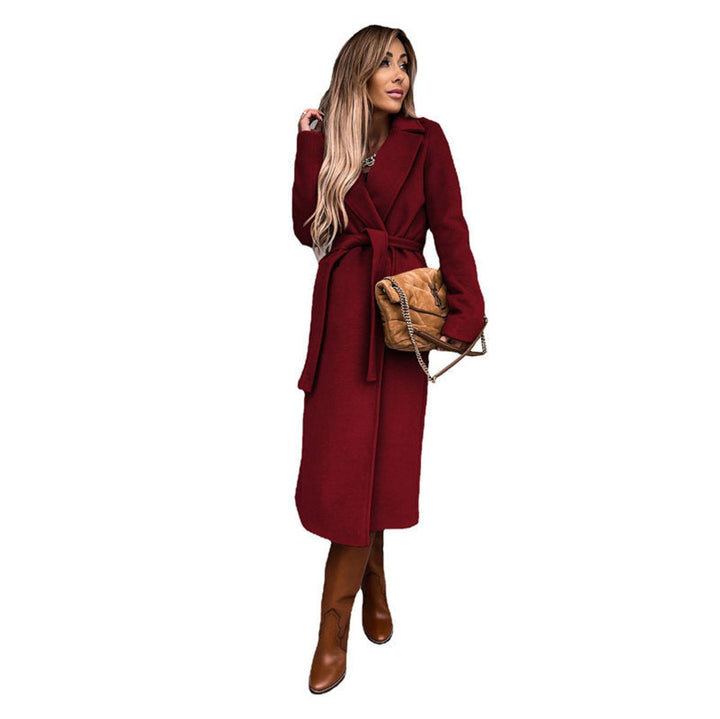 Trenchcoat Damen Eleganter Langer Wollmantel mit Bindegürtel - Rot