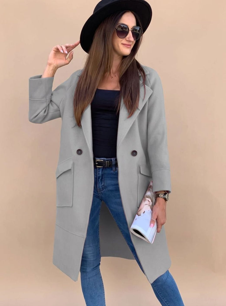 Trenchcoat Damen Eleganter Zweireiher Mantel mit Reverskragen Taschen - Hellgrau