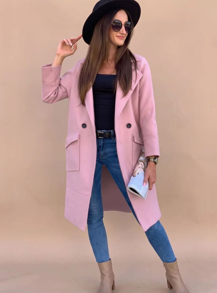 Trenchcoat Damen Eleganter Zweireiher Mantel mit Reverskragen Taschen - Rosa