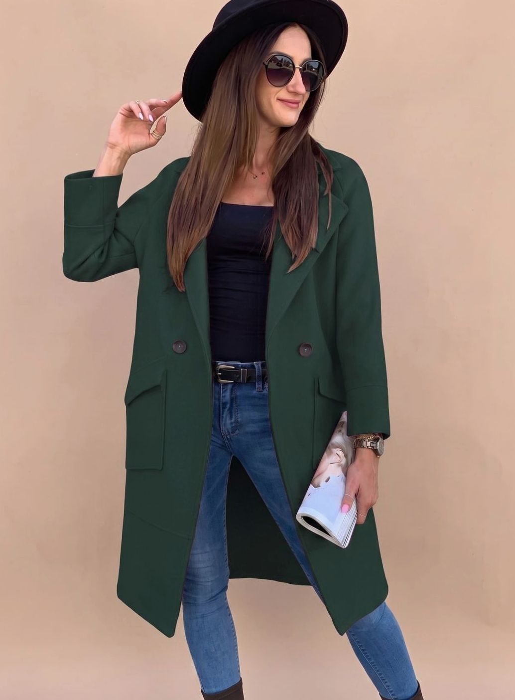 Trenchcoat Damen Eleganter Zweireiher Mantel mit Reverskragen Taschen - Schwarzgrün