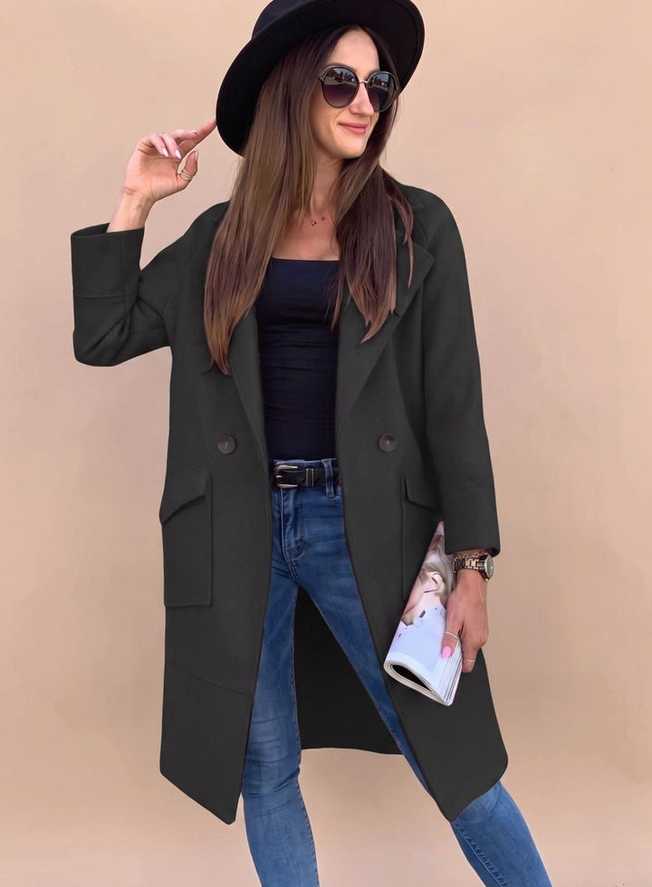 Trenchcoat Damen Eleganter Zweireiher Mantel mit Reverskragen Taschen - Schwarz