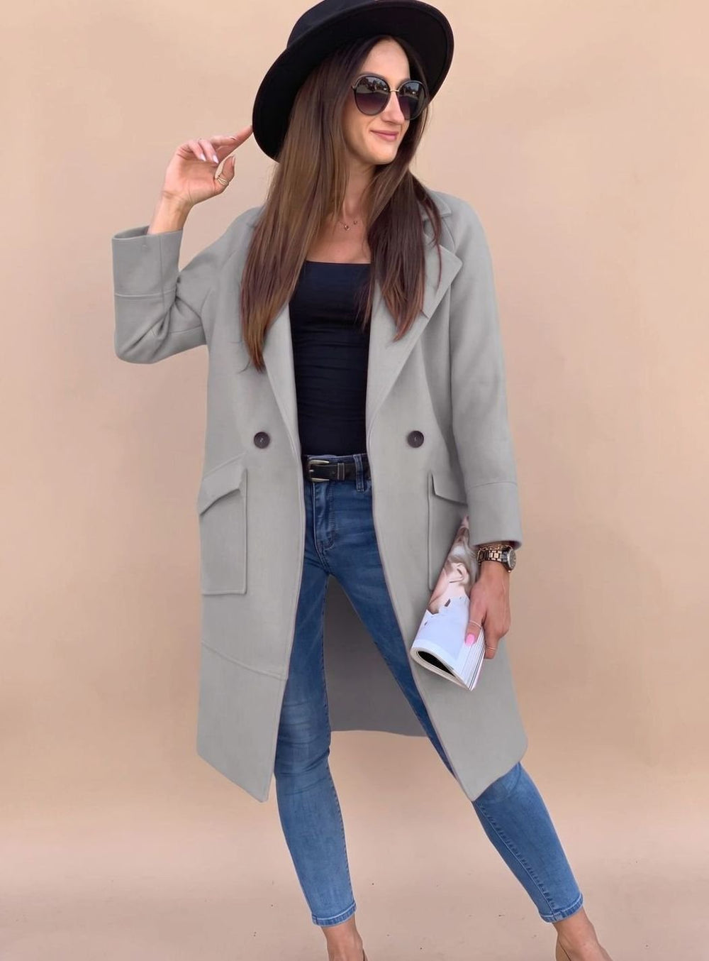 Trenchcoat Damen Eleganter Zweireiher Mantel mit Reverskragen Taschen