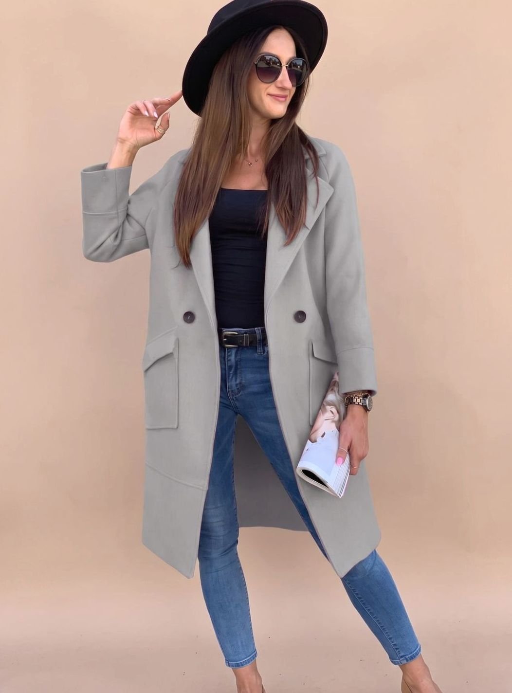 Trenchcoat Damen Eleganter Zweireiher Mantel mit Reverskragen Taschen