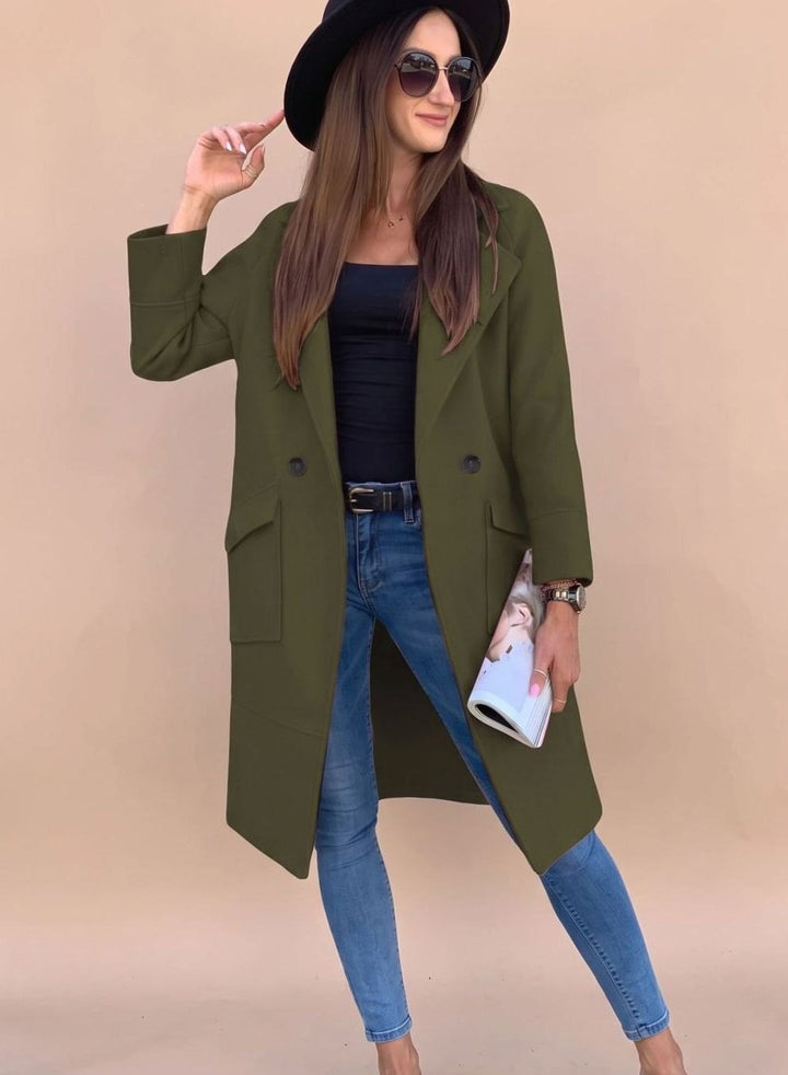 Trenchcoat Damen Eleganter Zweireiher Mantel mit Reverskragen Taschen