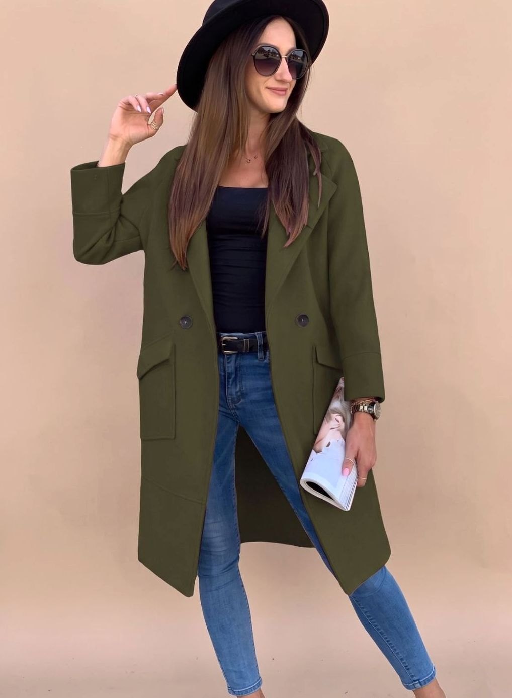 Trenchcoat Damen Eleganter Zweireiher Mantel mit Reverskragen Taschen - Olivgrün