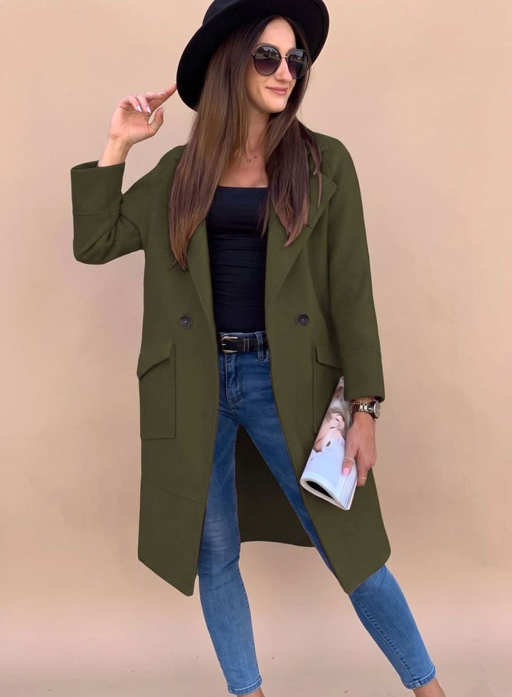 Trenchcoat Damen Eleganter Zweireiher Mantel mit Reverskragen Taschen - Olivgrün