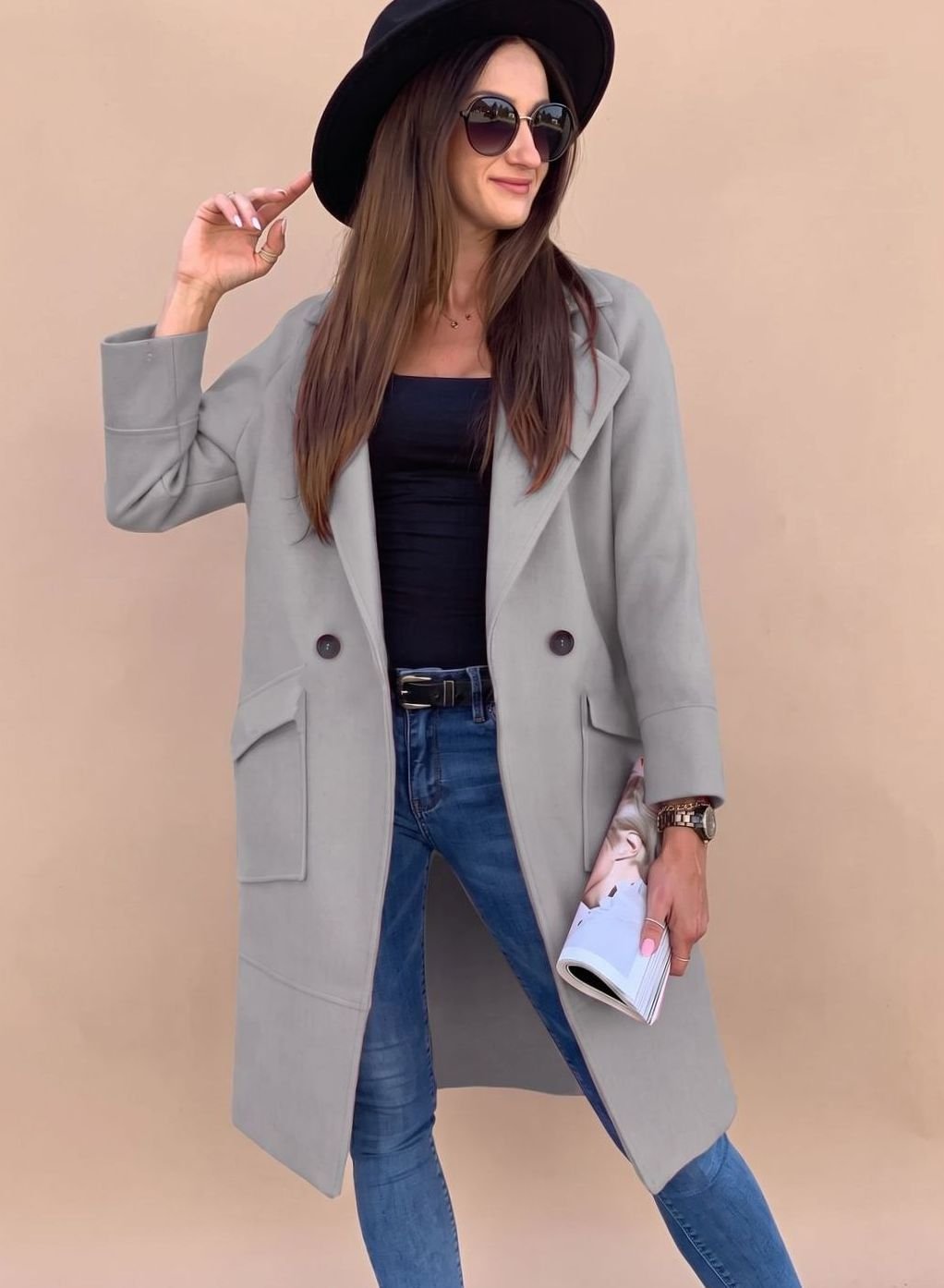 Trenchcoat Damen Eleganter Zweireiher Mantel mit Reverskragen Taschen - Himmelblau
