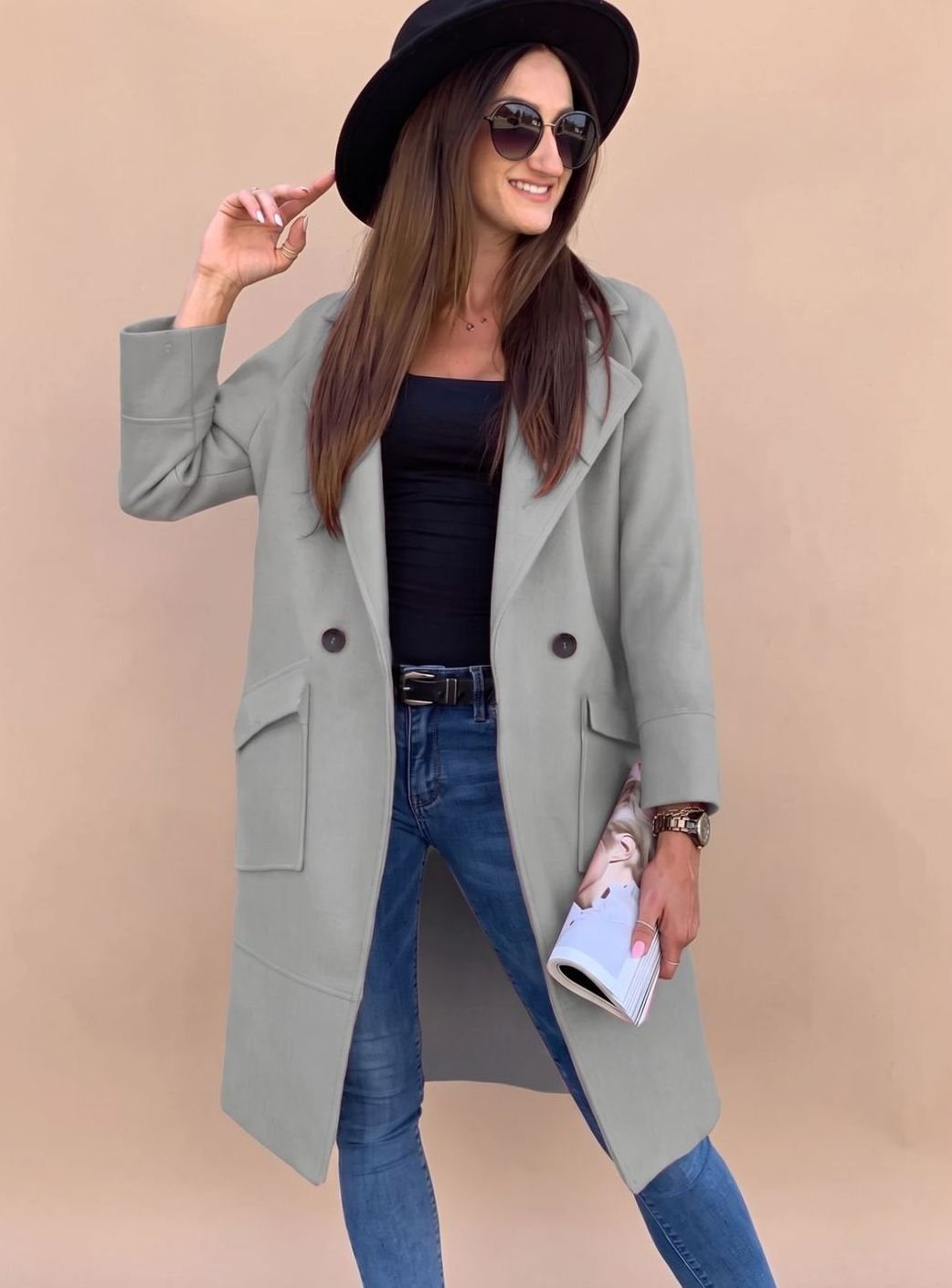 Trenchcoat Damen Eleganter Zweireiher Mantel mit Reverskragen Taschen - Khaki
