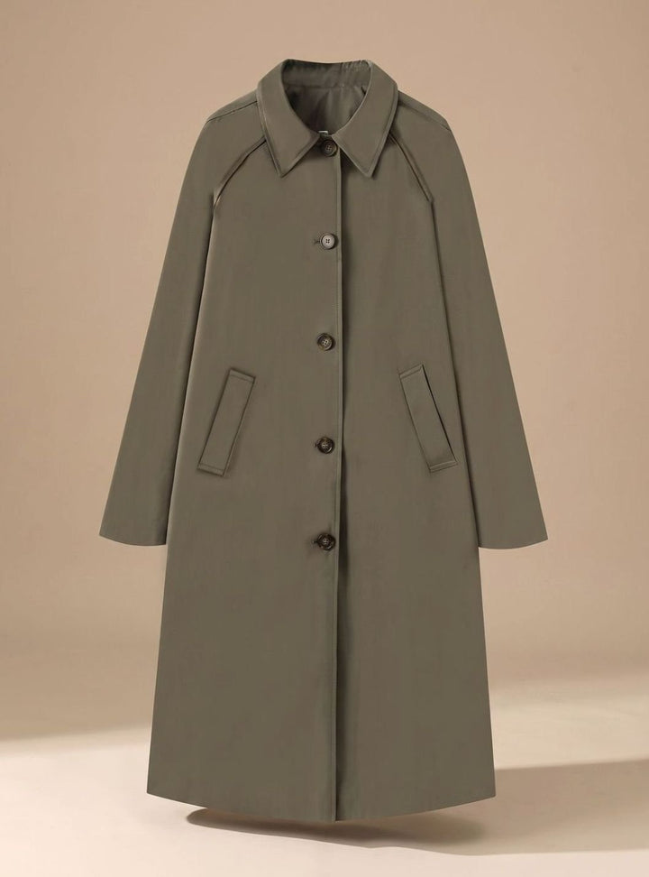 Trenchcoat Damen Langer Eleganter Mantel mit Seitentaschen - Olivgrün