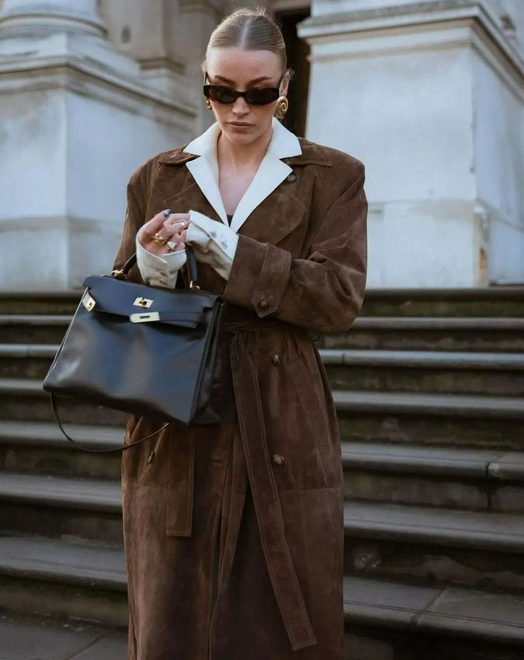 Trenchcoat Damen Langer Wildleder-Mantel mit Taillengürtel - Dunkelbraun
