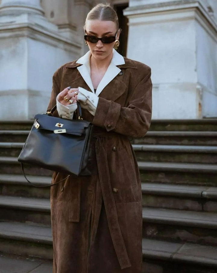 Trenchcoat Damen Langer Wildleder-Mantel mit Taillengürtel - Dunkelbraun