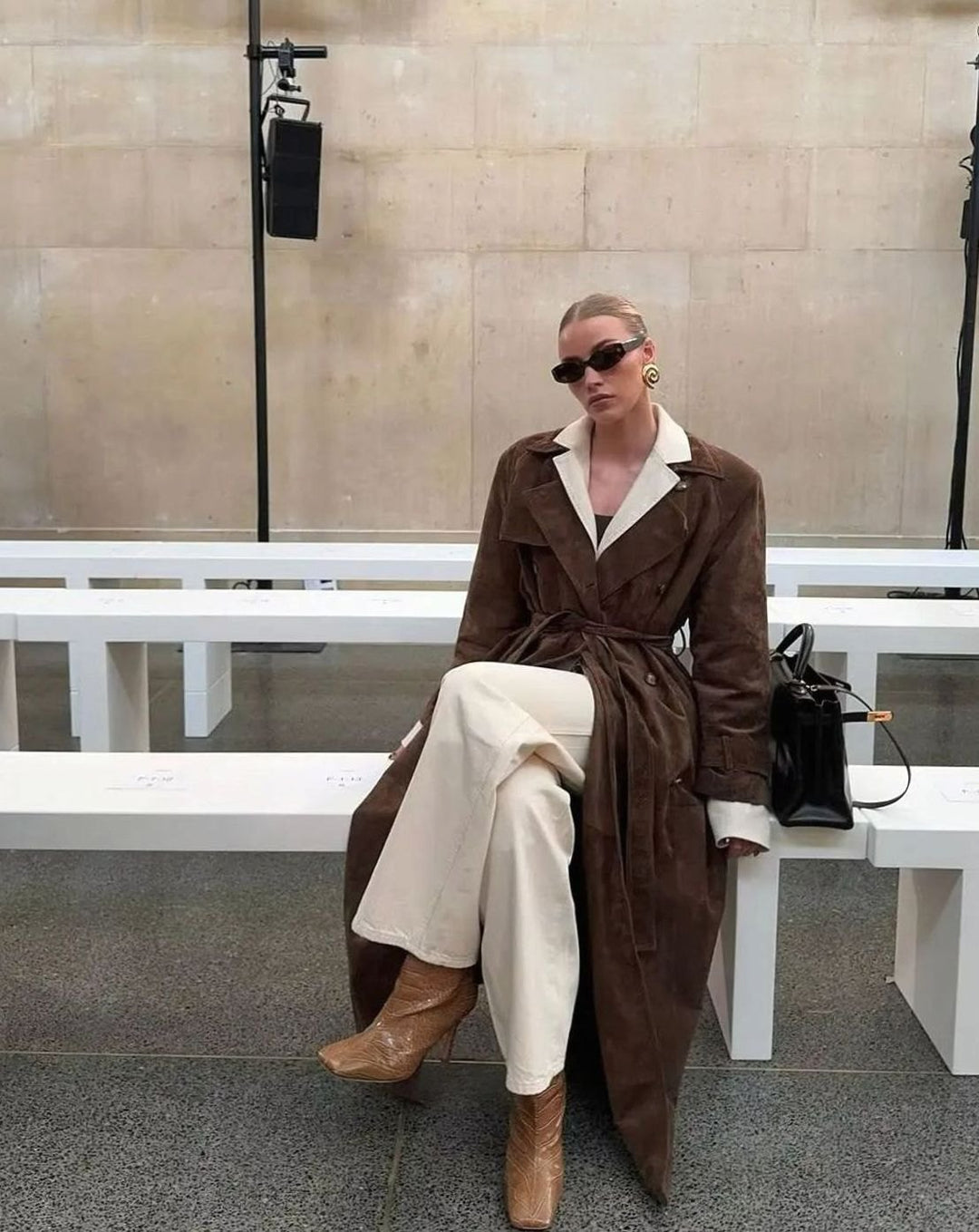 Trenchcoat Damen Langer Wildleder-Mantel mit Taillengürtel