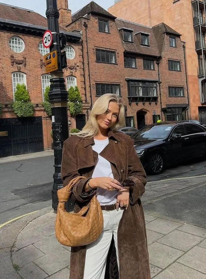 Trenchcoat Damen Langer Wildleder-Mantel mit Taillengürtel