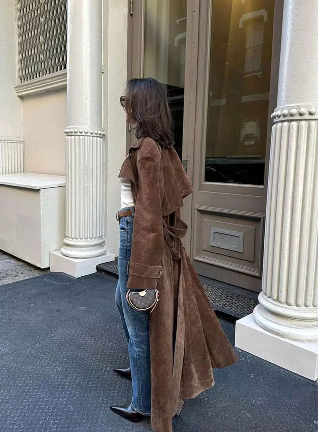 Trenchcoat Damen Langer Wildleder-Mantel mit Taillengürtel