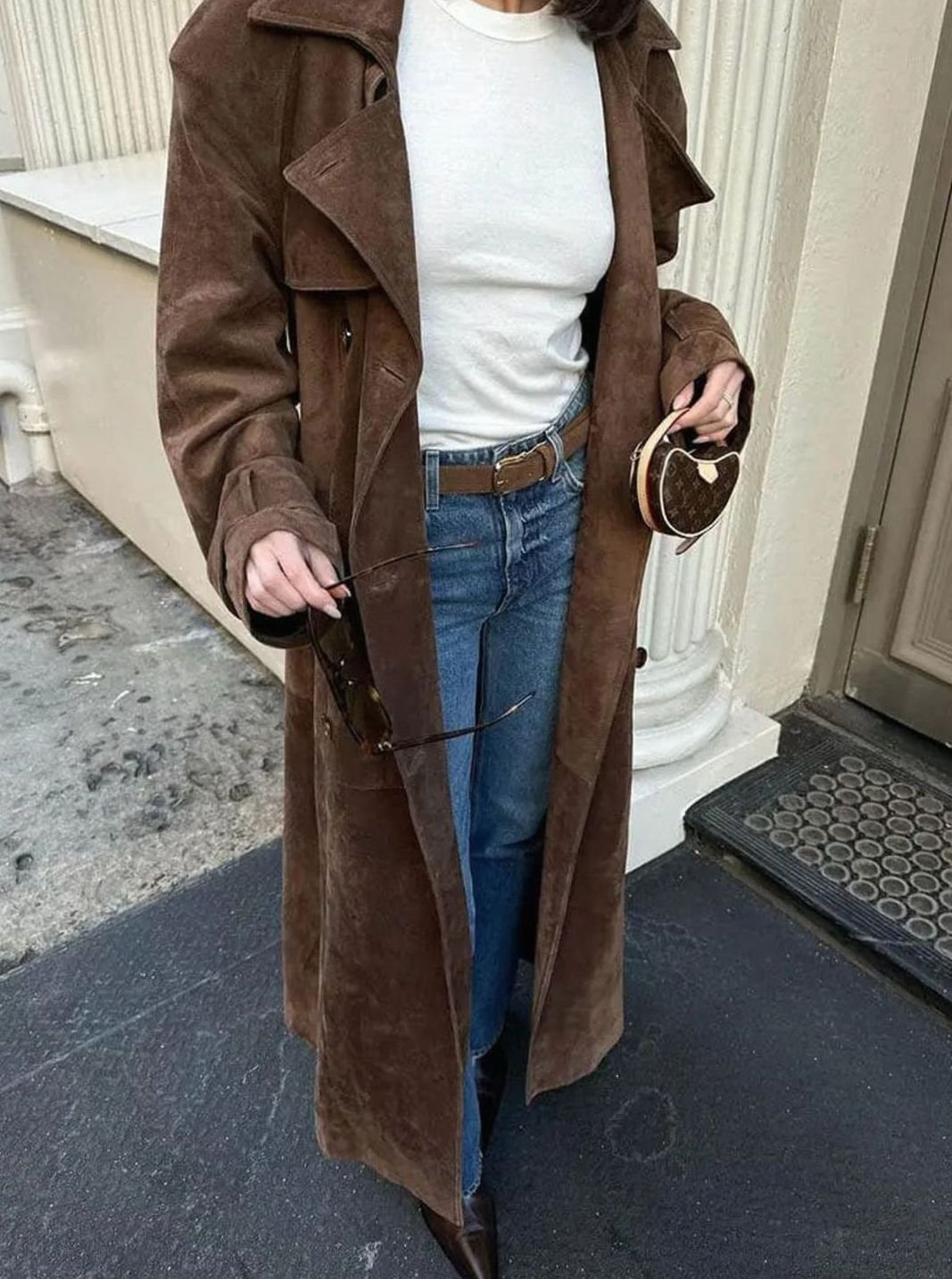 Trenchcoat Damen Langer Wildleder-Mantel mit Taillengürtel