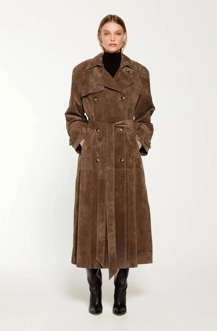 Trenchcoat Damen Langer Wildleder-Mantel mit Taillengürtel