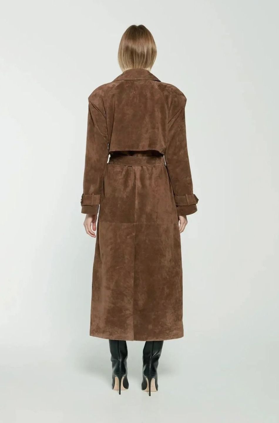 Trenchcoat Damen Langer Wildleder-Mantel mit Taillengürtel