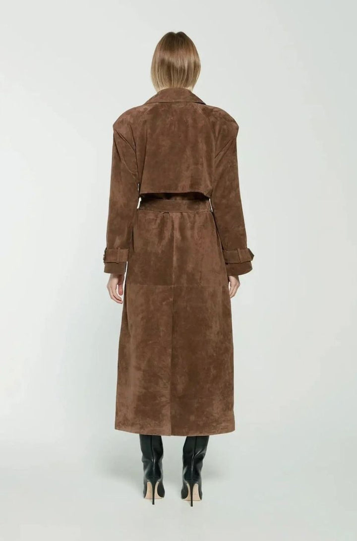 Trenchcoat Damen Langer Wildleder-Mantel mit Taillengürtel
