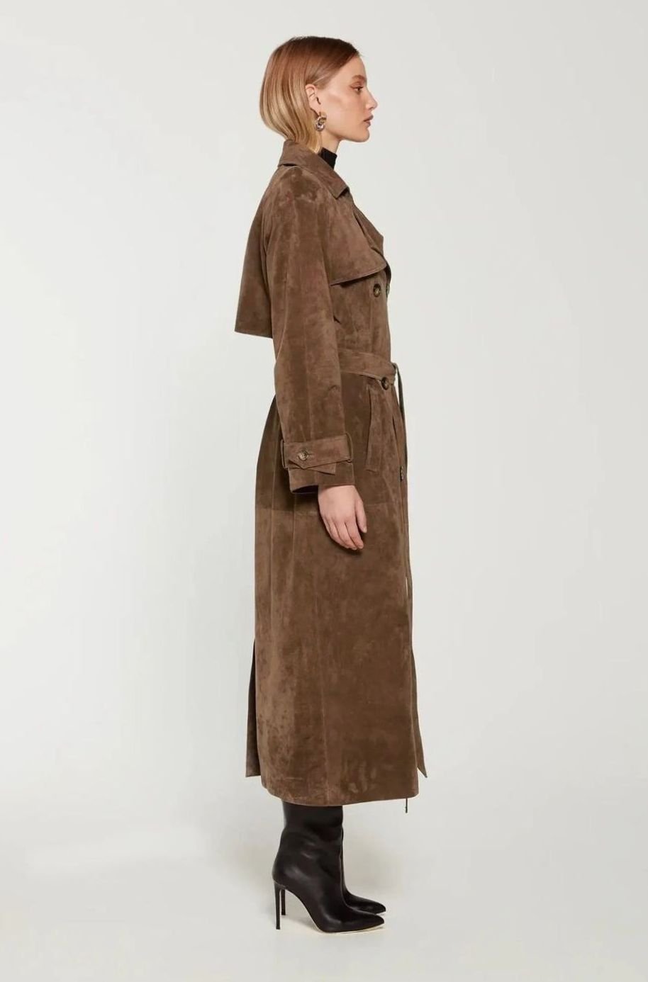 Trenchcoat Damen Langer Wildleder-Mantel mit Taillengürtel