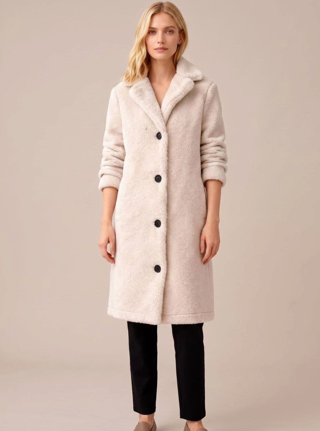 Trenchcoat Damen Oversized Langer Plüsch Mantel - Creme