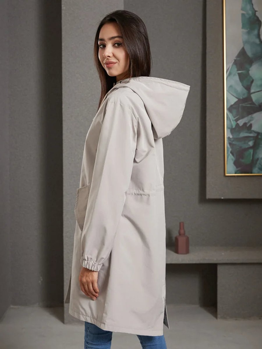 Trenchcoat Damen Wasserabweisender Langer Mantel mit Kapuze