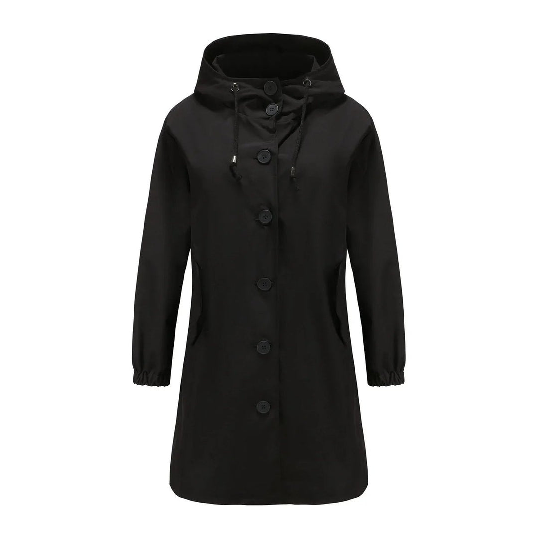 Trenchcoat Damen Wasserabweisender Langer Mantel mit Kapuze - Schwarz