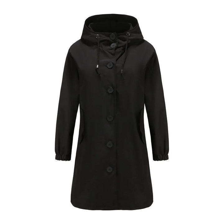 Trenchcoat Damen Wasserabweisender Langer Mantel mit Kapuze - Schwarz