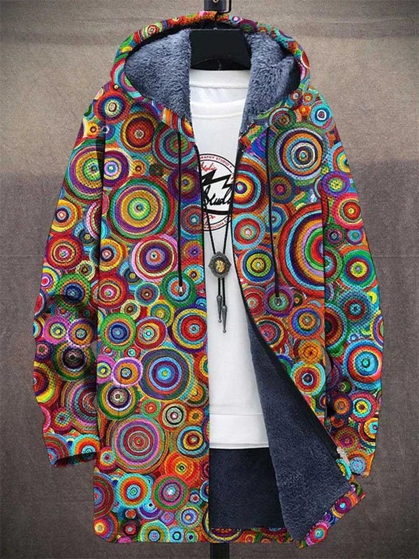 Unisex Fleecegefütterte Kapuzenjacke mit Psychedelischem Kreisdruck - Multicolor