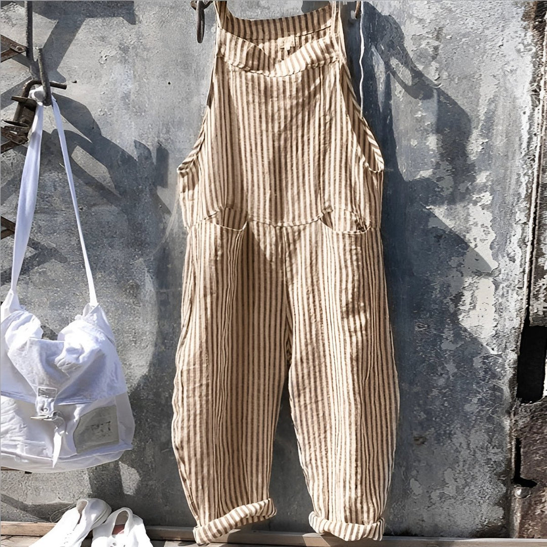 Unisex Vintage Gestreifter Loose-Fit Latzhosen Overall - Hellbraun