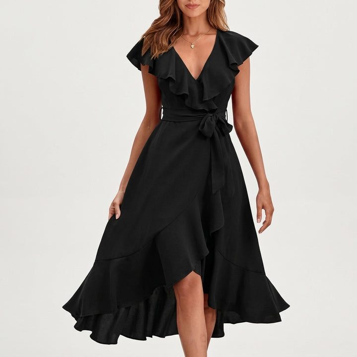Clara | Damen Wickelkleid mit Rüschenärmeln und asymmetrischem Midi-Saum