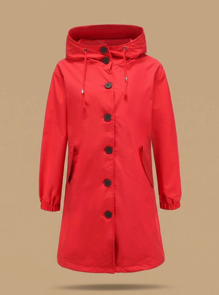 Wasserabweisender Trenchcoat Damen Kapuze Langer Outdoor-Mantel - Rot