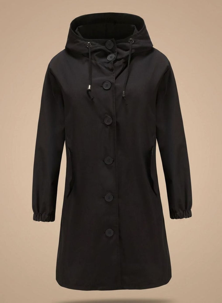 Wasserabweisender Trenchcoat Damen Kapuze Langer Outdoor-Mantel - Schwarz