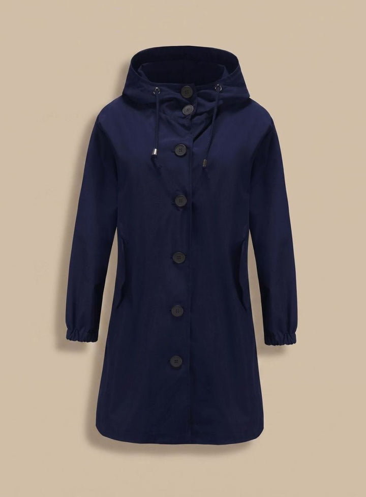 Wasserabweisender Trenchcoat Damen Kapuze Langer Outdoor-Mantel - Marineblau