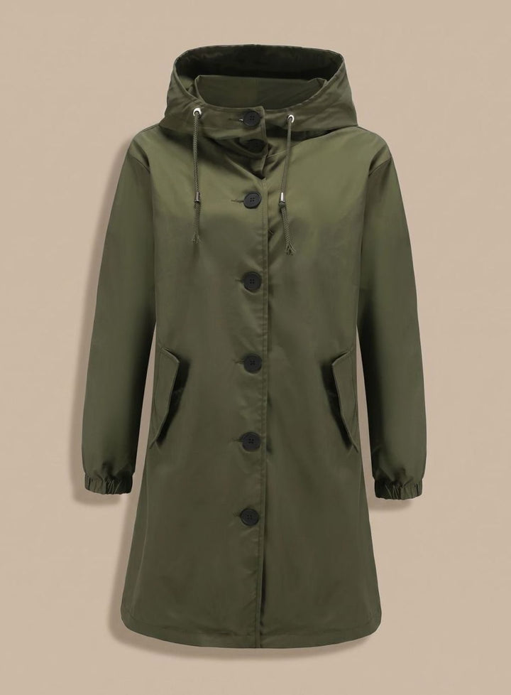 Wasserabweisender Trenchcoat Damen Kapuze Langer Outdoor-Mantel - Olivgrün