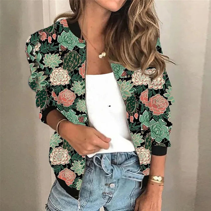 Winterjacke Damen Blumen-Print Vintage Bomber-Jacke mit Reißverschluss