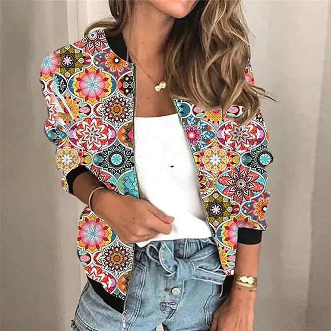 Winterjacke Damen Blumen-Print Vintage Bomber-Jacke mit Reißverschluss
