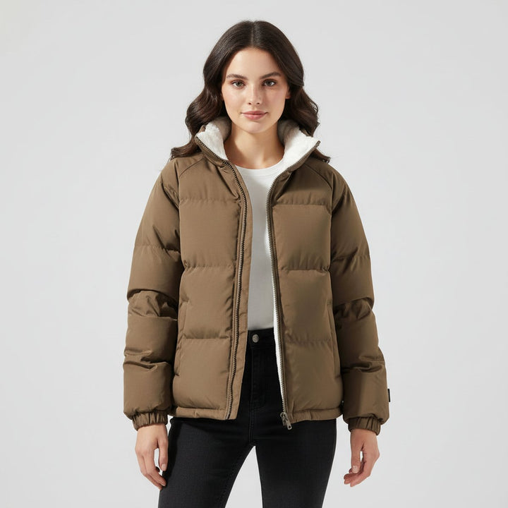 Winterjacke Damen Fleecegefütterte Kapuzen-Pufferjacke - Braun