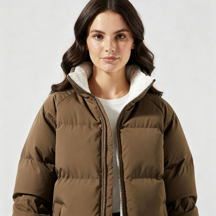 Winterjacke Damen Fleecegefütterte Kapuzen-Pufferjacke