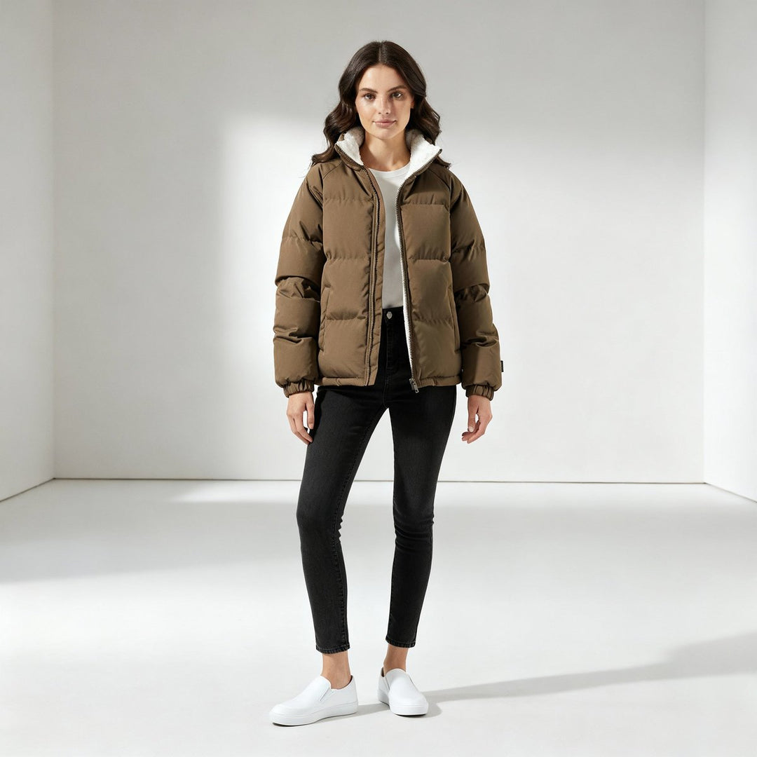 Winterjacke Damen Fleecegefütterte Kapuzen-Pufferjacke